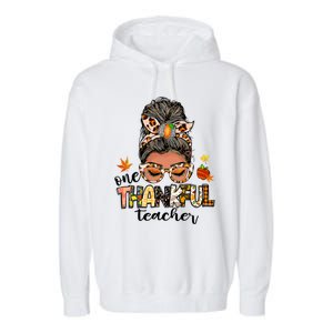 One Thankful Mama Messy Bun Leopard Mom Fall Thanksgiving Garment-Dyed Fleece Hoodie