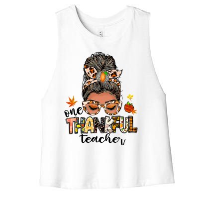 One Thankful Mama Messy Bun Leopard Mom Fall Thanksgiving Women's Racerback Cropped Tank