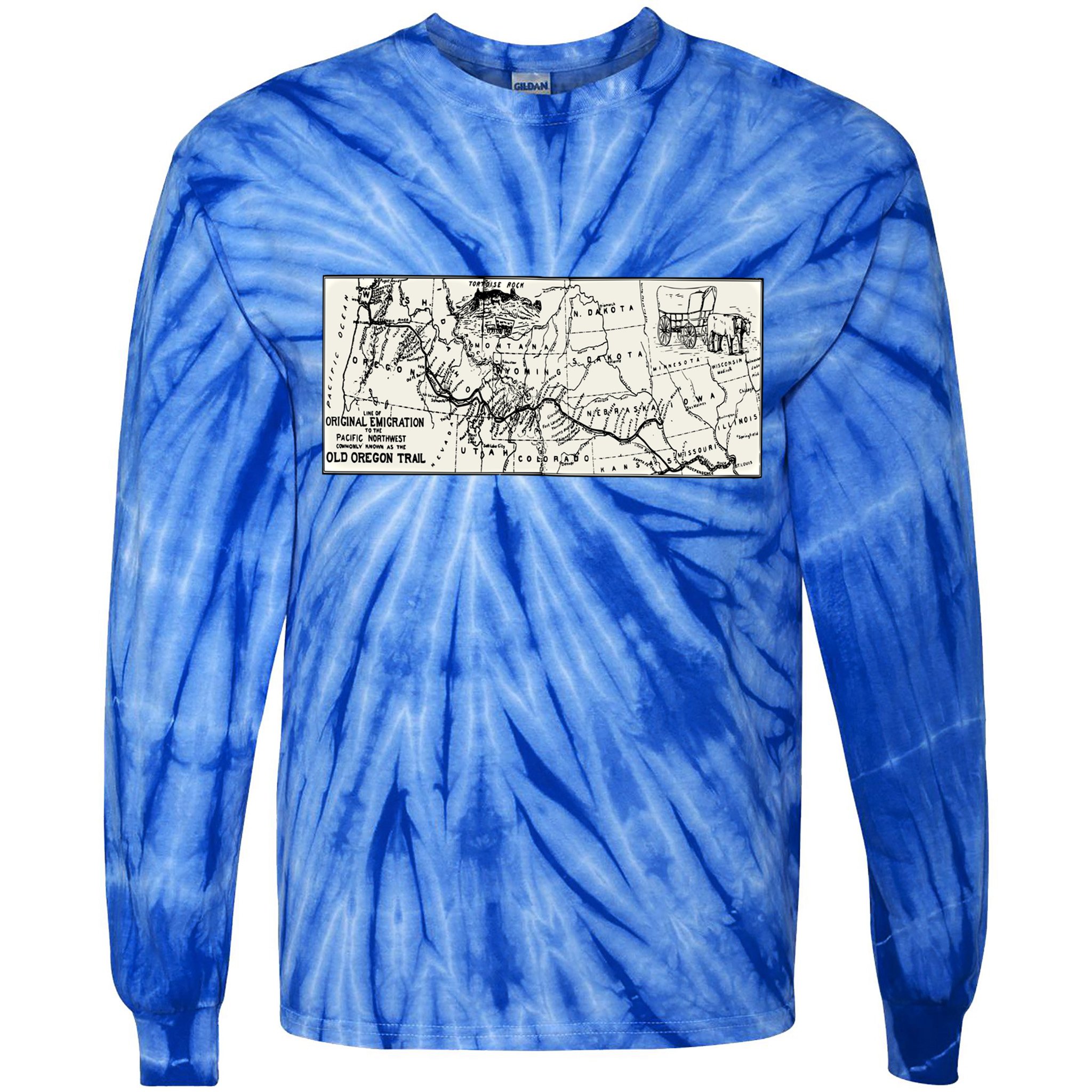 Oregon Trail Map Gift Ox Team Usa Cartography Geography History Meaningful Gift Tie-Dye Long Sleeve Shirt