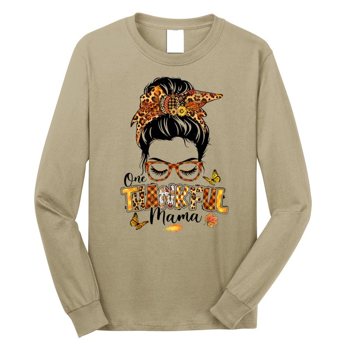 One Thankful Mama Funny Messy Bun Fall Autumn Thanksgiving Long Sleeve Shirt