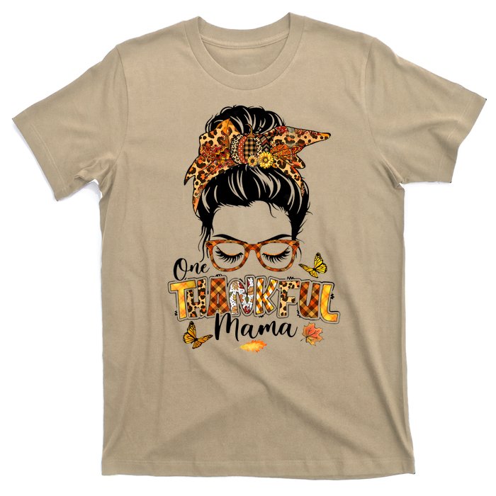 One Thankful Mama Funny Messy Bun Fall Autumn Thanksgiving T-Shirt