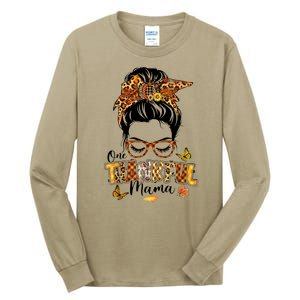 One Thankful Mama Funny Messy Bun Fall Autumn Thanksgiving Tall Long Sleeve T-Shirt