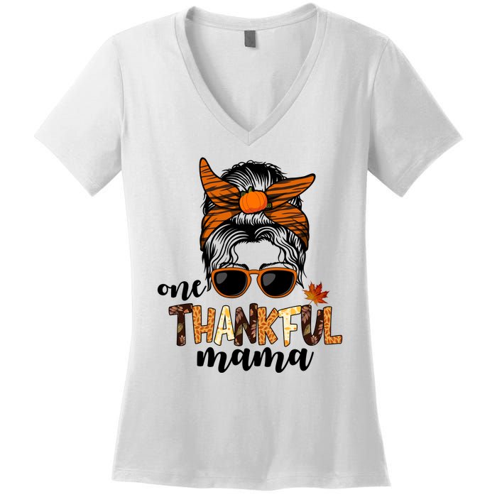 One Thankful Mama Fall Thanksgiving Festive Women's V-Neck T-Shirt