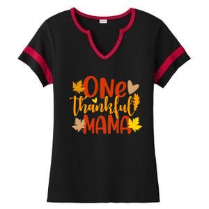 One Thankful Mama Autumn Fall Mother Thanksgiving Leaves Ladies Halftime Notch Neck Tee