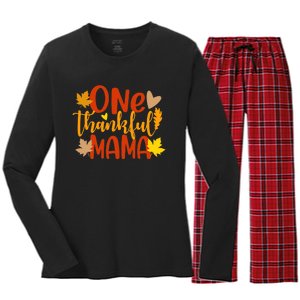 One Thankful Mama Autumn Fall Mother Thanksgiving Leaves Women's Long Sleeve Flannel Pajama Set 