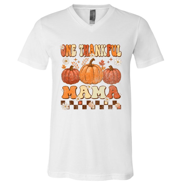 One Thankful Mama Retro Groovy Thanksgiving Autumn Fall V-Neck T-Shirt