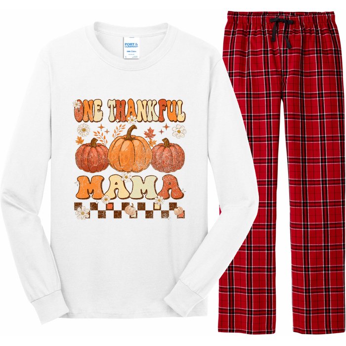 One Thankful Mama Retro Groovy Thanksgiving Autumn Fall Long Sleeve Pajama Set