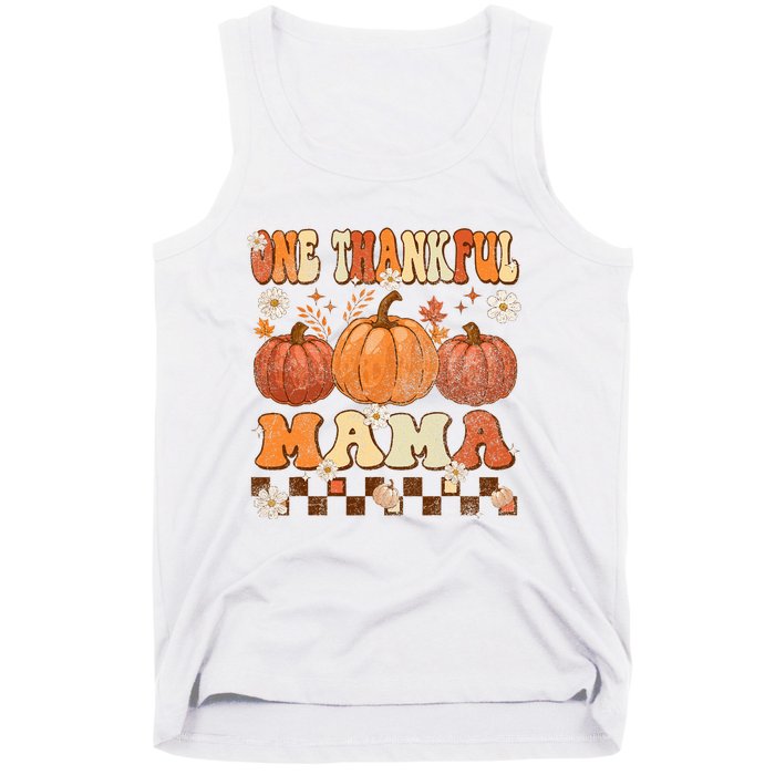 One Thankful Mama Retro Groovy Thanksgiving Autumn Fall Tank Top