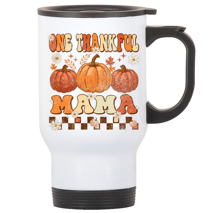 One Thankful Mama Retro Groovy Thanksgiving Autumn Fall Stainless Steel Travel Mug