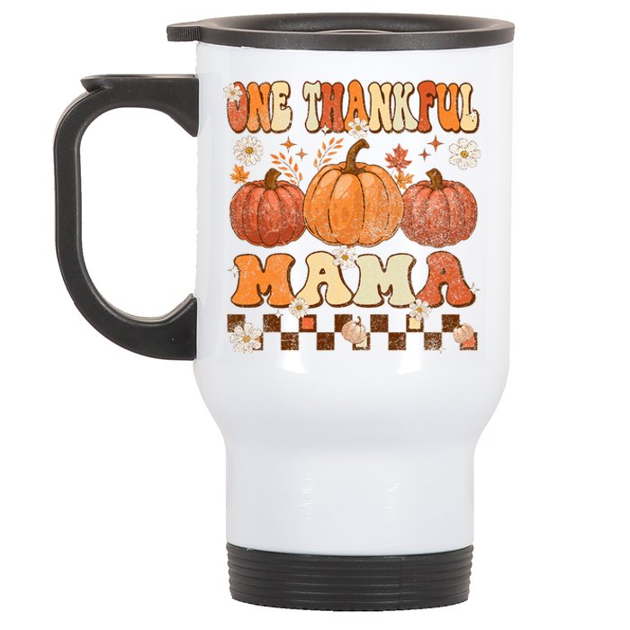 One Thankful Mama Retro Groovy Thanksgiving Autumn Fall Stainless Steel Travel Mug