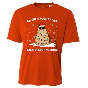 On The Naughty List And I Regret Nothing Cat Christmas Light Gift Cooling Performance Crew T-Shirt