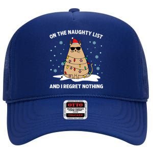 On The Naughty List And I Regret Nothing Cat Christmas Light Gift High Crown Mesh Back Trucker Hat