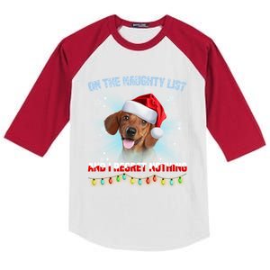 On The Naughty List And I Regret Nothing Dachshund Christmas Gift Kids Colorblock Raglan Jersey