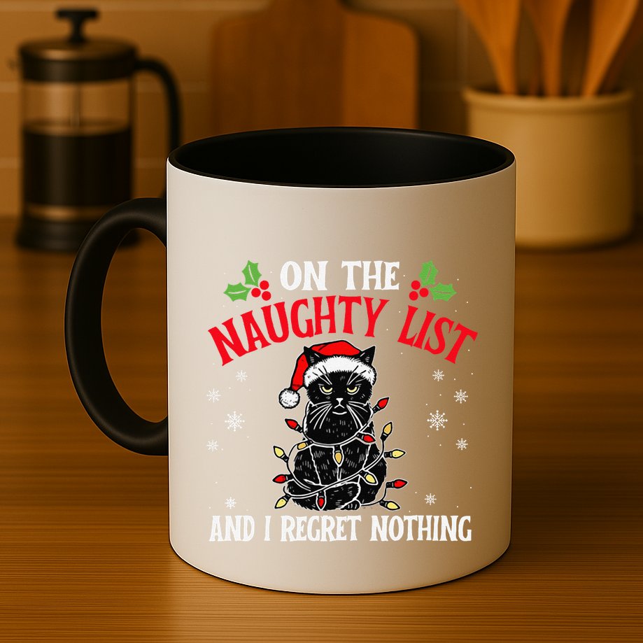 On The Naughty List And I Regret Nothing Cat Christmas Funny Mug