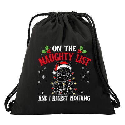 On The Naughty List And I Regret Nothing Cat Christmas Funny Drawstring Bag