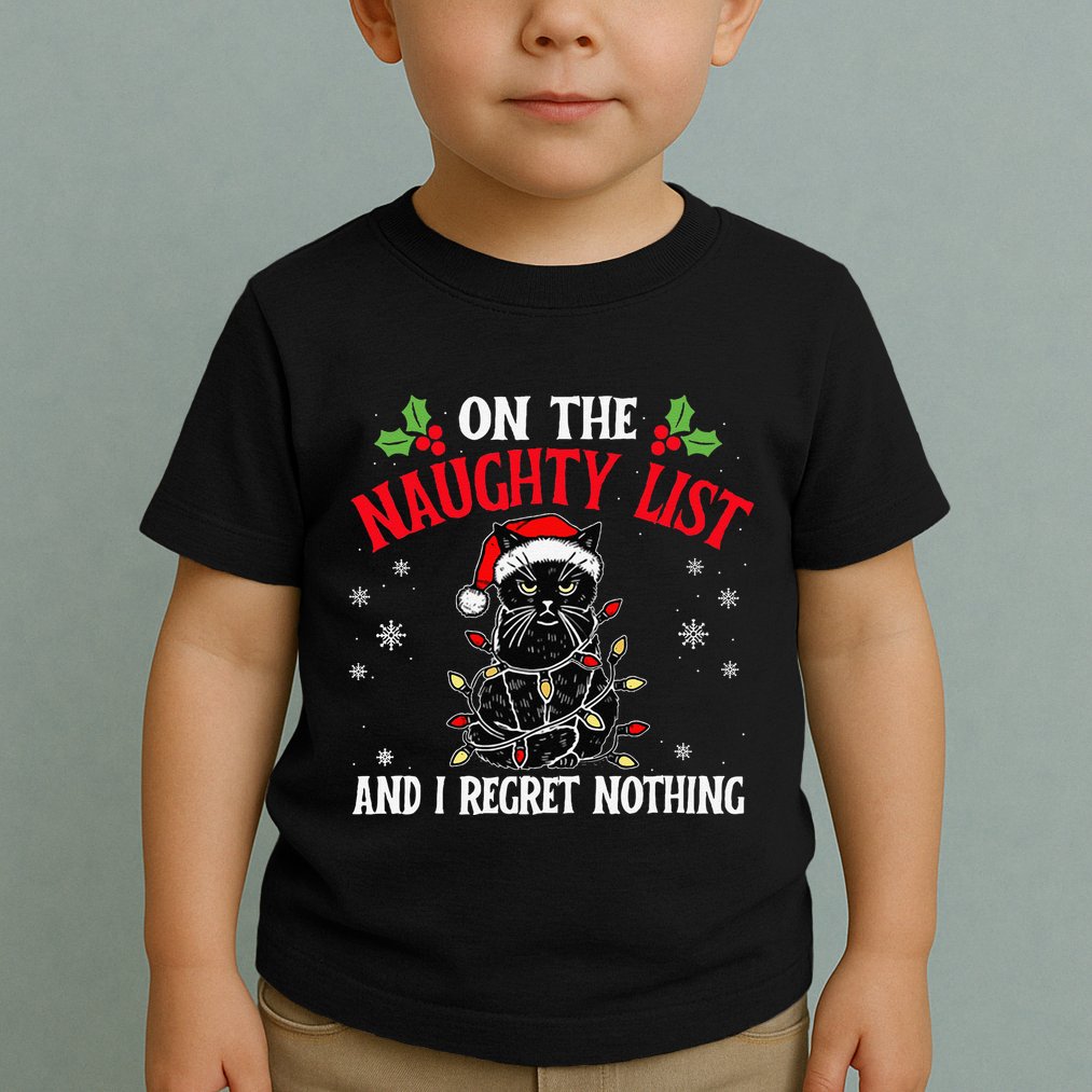 On The Naughty List And I Regret Nothing Cat Christmas Funny Toddler T-Shirt