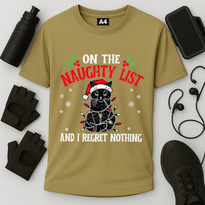 On The Naughty List And I Regret Nothing Cat Christmas Funny Performance Shirt