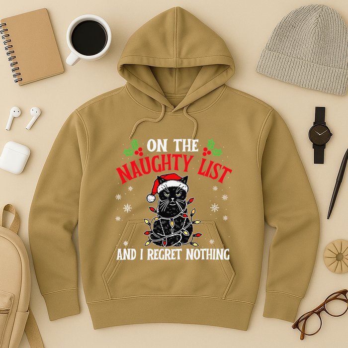 On The Naughty List And I Regret Nothing Cat Christmas Funny Hoodie