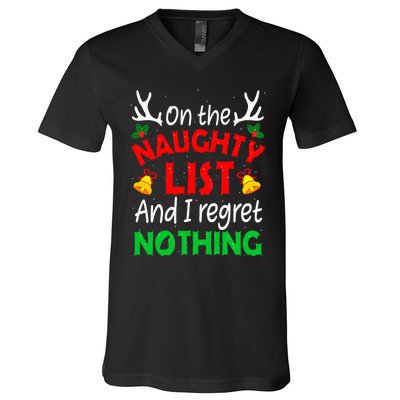 On The Naughty List And I Regret Nothing Funny Xmas V-Neck T-Shirt