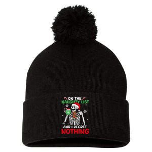 On The Naughty List And I Regret Nothing Skeleton Christmas Pom Pom 12in Knit Beanie