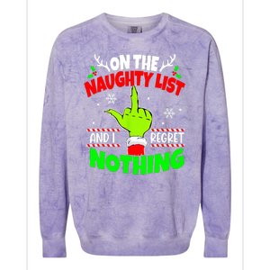 On The Naughty List And I Regret Nothing Middle Finger Funny Christmas Colorblast Crewneck Sweatshirt