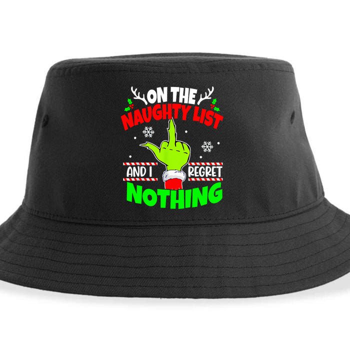 On The Naughty List And I Regret Nothing Middle Finger Funny Christmas Sustainable Bucket Hat