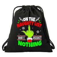 On The Naughty List And I Regret Nothing Middle Finger Funny Christmas Drawstring Bag