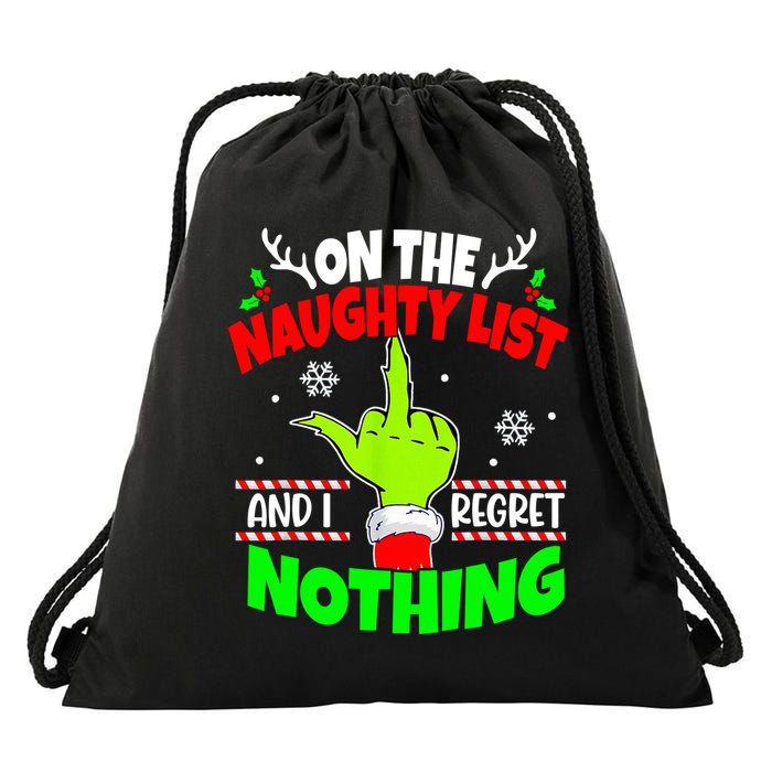 On The Naughty List And I Regret Nothing Middle Finger Funny Christmas Drawstring Bag