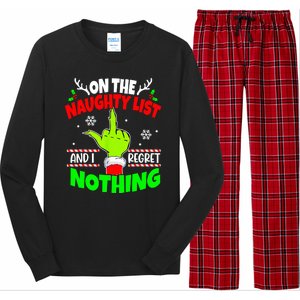 On The Naughty List And I Regret Nothing Middle Finger Funny Christmas Long Sleeve Pajama Set