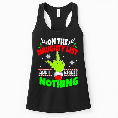 On The Naughty List And I Regret Nothing Middle Finger Funny Christmas Womens Tank Top