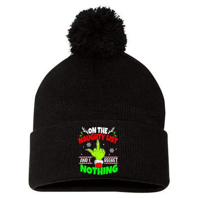 On The Naughty List And I Regret Nothing Middle Finger Funny Christmas Pom Pom 12in Knit Beanie