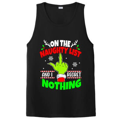 On The Naughty List And I Regret Nothing Middle Finger Funny Christmas PosiCharge Competitor Tank
