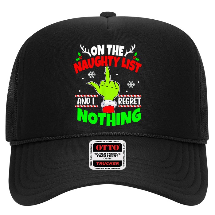 On The Naughty List And I Regret Nothing Middle Finger Funny Christmas Trucker Hat
