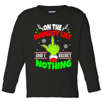 On The Naughty List And I Regret Nothing Middle Finger Funny Christmas Toddler Long Sleeve Shirt