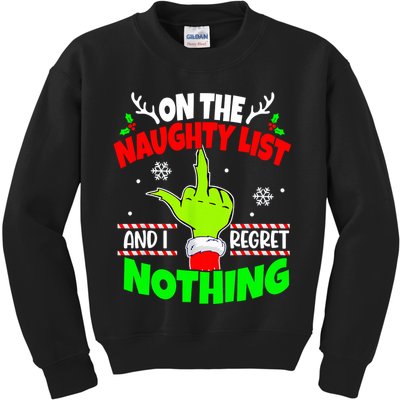 On The Naughty List And I Regret Nothing Middle Finger Funny Christmas Kids Sweatshirt