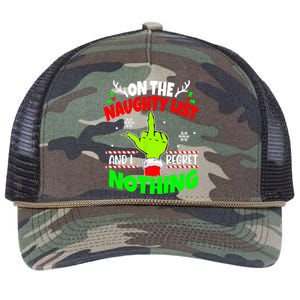 On The Naughty List And I Regret Nothing Middle Finger Funny Christmas Retro Rope Trucker Hat Cap