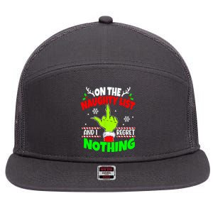 On The Naughty List And I Regret Nothing Middle Finger Funny Christmas 7 Panel Mesh Trucker Snapback Hat