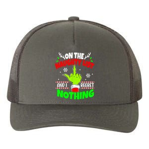 On The Naughty List And I Regret Nothing Middle Finger Funny Christmas Yupoong Adult 5-Panel Trucker Hat