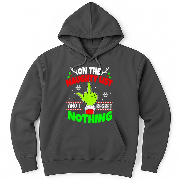On The Naughty List And I Regret Nothing Middle Finger Funny Christmas Hoodie