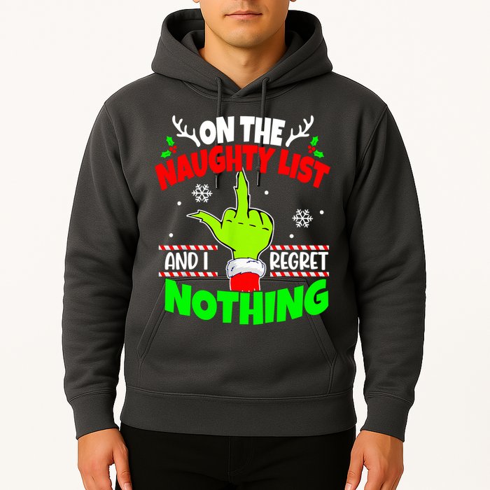 On The Naughty List And I Regret Nothing Middle Finger Funny Christmas Hoodie