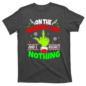 On The Naughty List And I Regret Nothing Middle Finger Funny Christmas T-Shirt