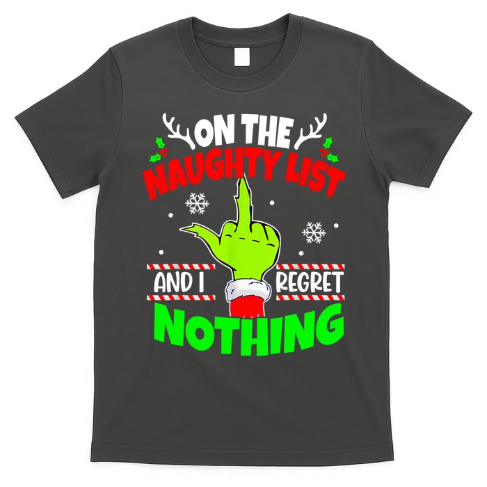 On The Naughty List And I Regret Nothing Middle Finger Funny Christmas T-Shirt