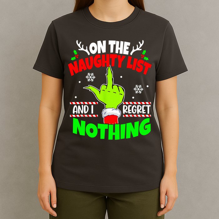 On The Naughty List And I Regret Nothing Middle Finger Funny Christmas T-Shirt