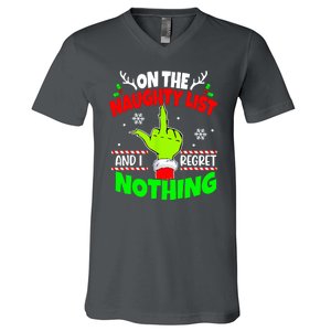 On The Naughty List And I Regret Nothing Middle Finger Funny Christmas V-Neck T-Shirt