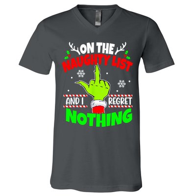 On The Naughty List And I Regret Nothing Middle Finger Funny Christmas V-Neck T-Shirt