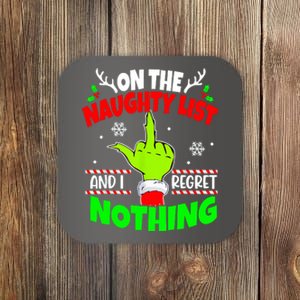 On The Naughty List And I Regret Nothing Middle Finger Funny Christmas Coaster