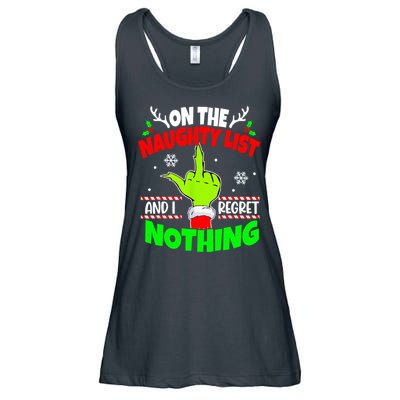 On The Naughty List And I Regret Nothing Middle Finger Funny Christmas Ladies Essential Flowy Tank