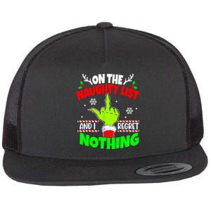 On The Naughty List And I Regret Nothing Middle Finger Funny Christmas Flat Bill Trucker Hat