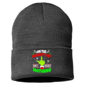 On The Naughty List And I Regret Nothing Middle Finger Funny Christmas Sustainable Knit Beanie