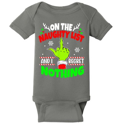 On The Naughty List And I Regret Nothing Middle Finger Funny Christmas Baby Bodysuit
